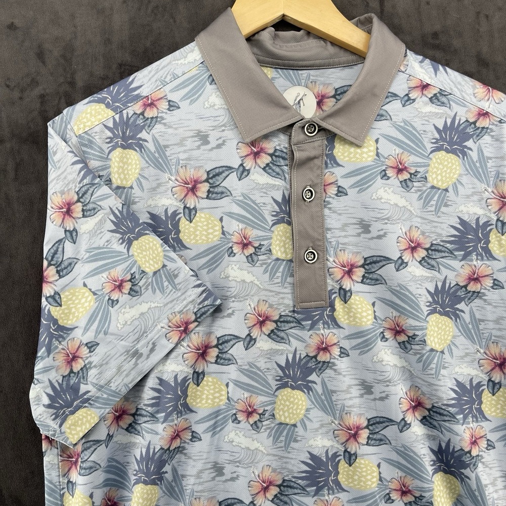 Toes on the Nose Polo Shirt Men's M Hawaiian Pineapple Floral Stretch Golf
